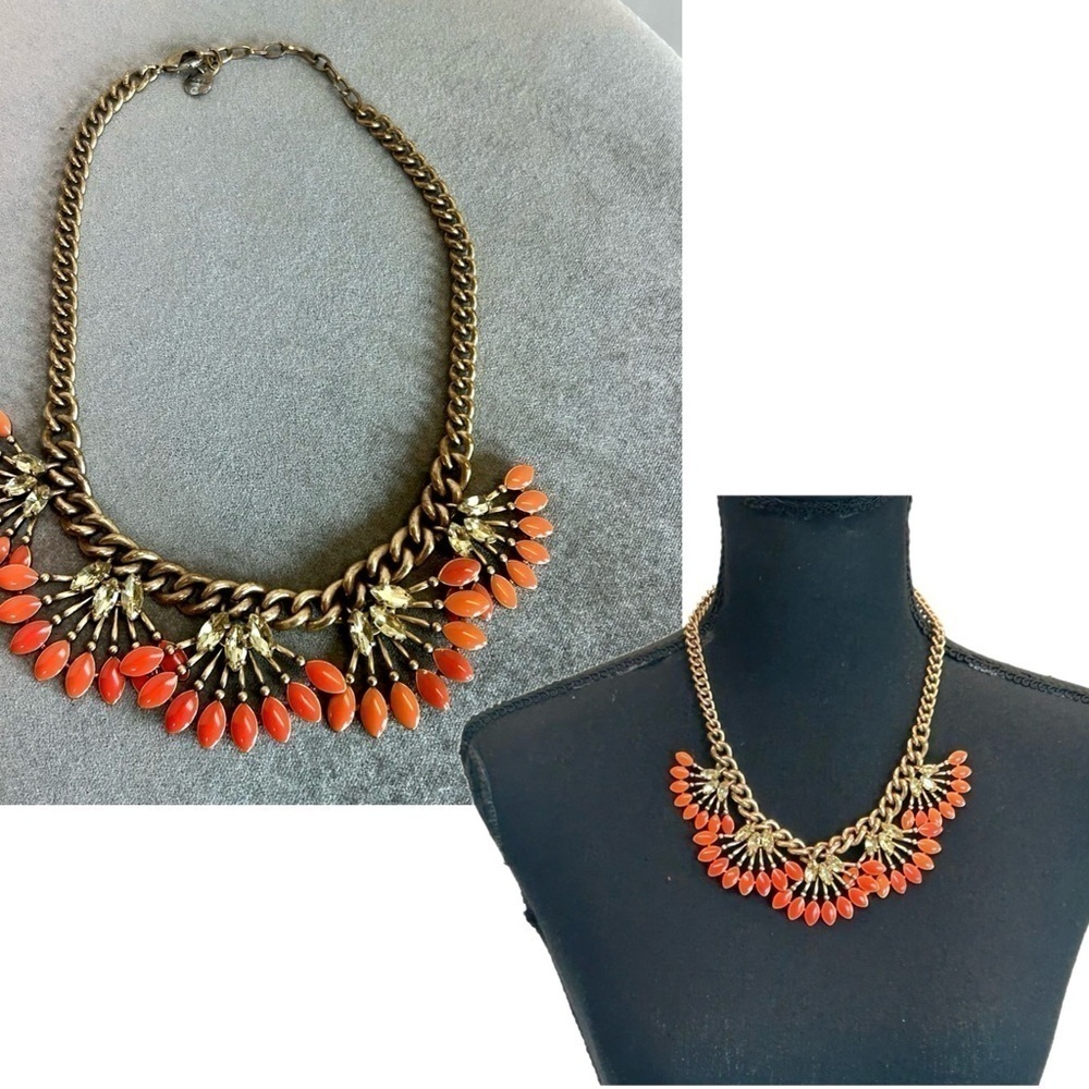 STELLA & DOT Coral Cay Orange Enamel Rhinestone Crystal Bib Statement Necklace
